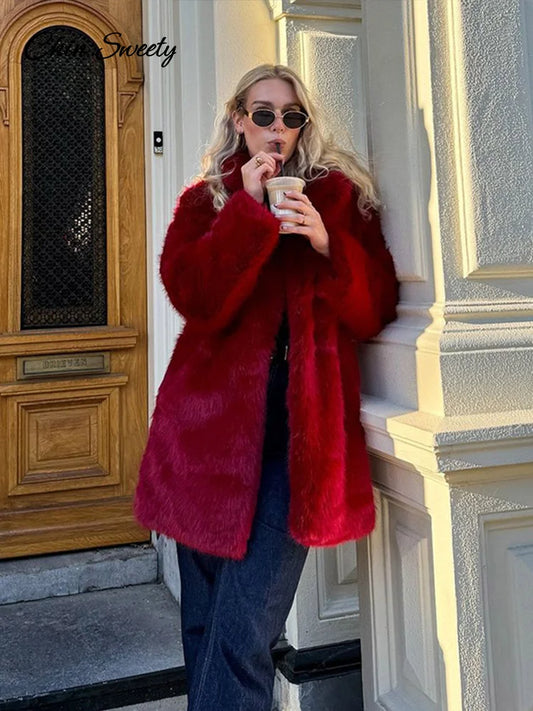 Abrigo largo de piel sintética roja de lujo para mujer, forro polar grueso y cálido, manga larga, cárdigan con solapa, abrigo holgado de moda de invierno