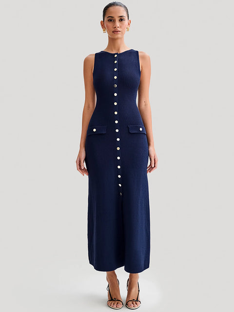 Elegant Sleeveless Buttoned Maxi Dress For Women Fashion Solid Round Two Pocket Slim Knit Long Dress Knitwear New