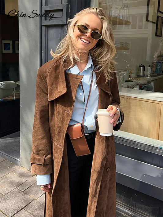 Elegante gabardina larga de ante para mujer, con cinturón, doble botonadura, manga larga, cortavientos marrón, ropa de calle de otoño para mujer, nueva