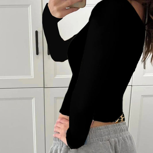 Y2K Contrast Leopard Print Crop Top Chic Long Sleeve Halter Sexy O-neck T-shirt Korean Fitted Tee Autumn Streetwear