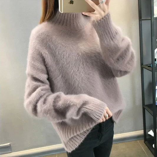 Suéter grueso de visón sintético de cachemira para mujer, jersey blanco holgado, suéter de punto esponjoso para invierno