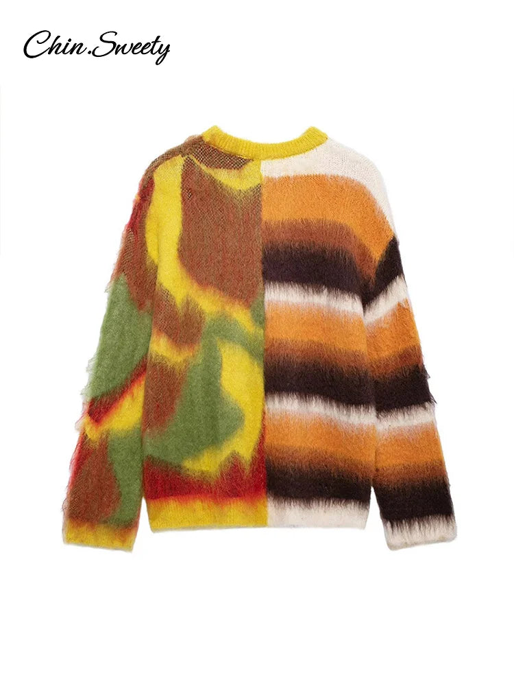 Casual Mohair Knit Women Pullover Colorful O-neck Long Sleeve Loose Sweater New Autumn Fashion Lady All-matching Knitwear