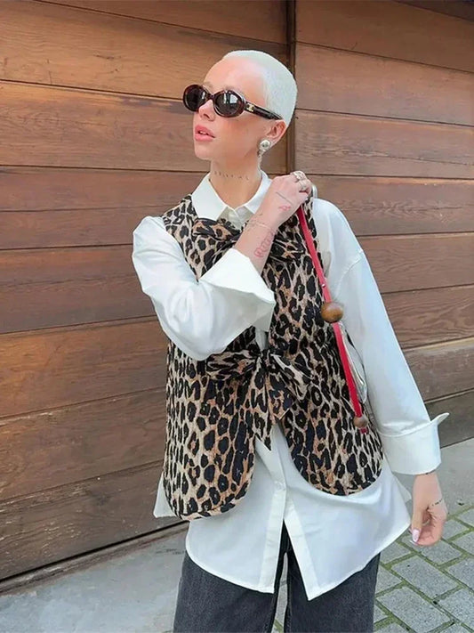 Top elegante con estampado de leopardo y cordones para mujer, chaleco informal sin mangas con cuello en V, nuevo chaleco de calle para mujer para primavera y verano