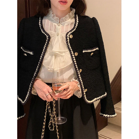 Chaquetas de tweed cortas vintage para mujer, elegante abrigo negro grueso, blazer coreano de una sola botonadura, prendas de abrigo cortas informales y cálidas