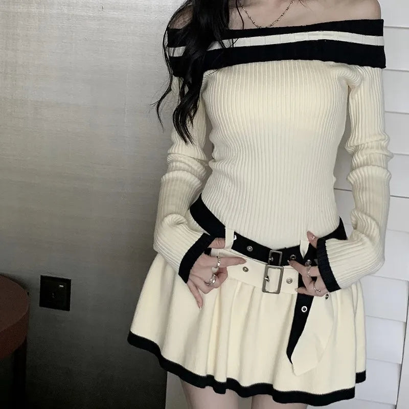 Minivestidos de punto informales ajustados Y2K para mujer, con hombros descubiertos, elegantes, de moda coreana, vestido de fiesta corto con cinturón, ropa nueva de otoño