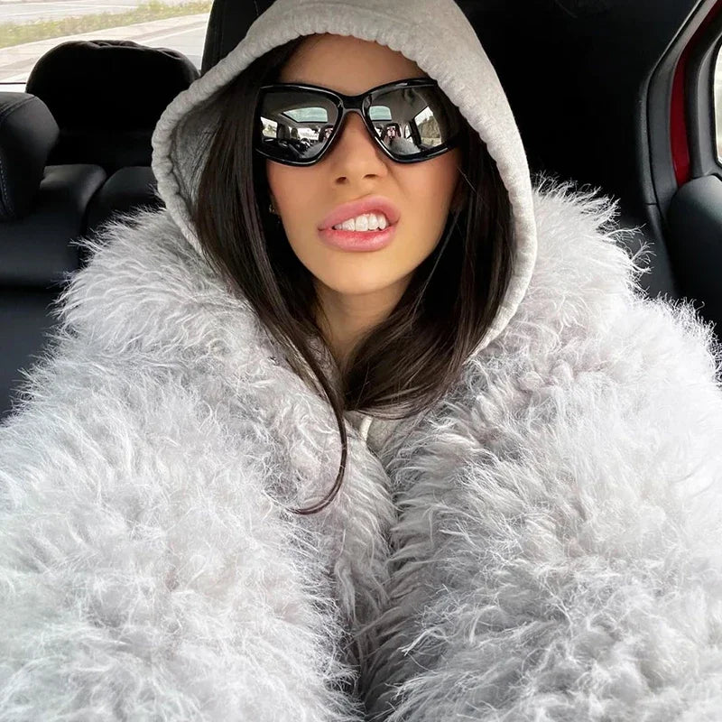 Fluffy Faux Mongolian Fur Coat for Women Winter Warm Furry Tibetan Sheep Fur Jacket Chic Female Shaggy Overcoat