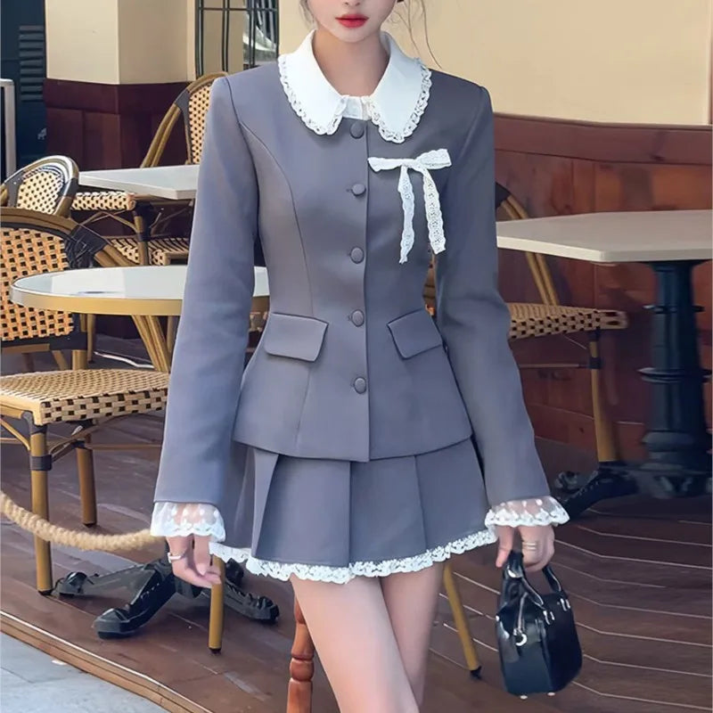 Elegant Two-piece Skirt Set Women Long Sleeve Single Breasted Blazer Coat Lace Pleated Mini Skirt Autumn Korean Fashion Outfits