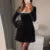 Elegant Rhinestone Decor Velvet Mini Dress Black Square Neck Long Sleeve High Waist A-line Dresses Lady Evening Party Gown