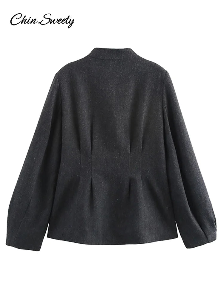 Elegant Single-breasted Blazer Coat Women 2025 Spring Long Lantern Sleeve Suit Jacket Female 2025 Vintage Office Lady Outerwear