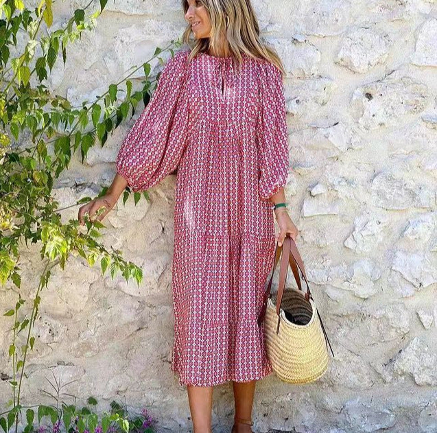 Autumn Dresses For Women 2025 Print Casual Ruffles Loose Long Dress Vintage Elegant Office Beach Style V Neck Vestidos