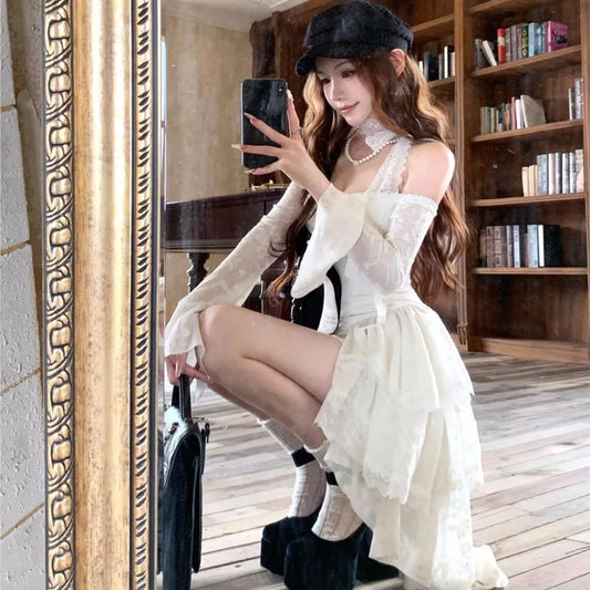 Minivestidos de encaje Y2K para mujer, cuello alto, mangas acampanadas, corte A, volantes, fiesta de cumpleaños, vestido de cola corta, moda coreana.