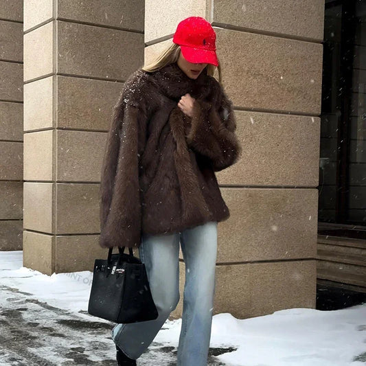 Abrigo de piel sintética de invierno para mujer, marca de moda, abrigo de piel de zorro esponjosa, chaqueta cálida y peluda de estilo urbano para niña