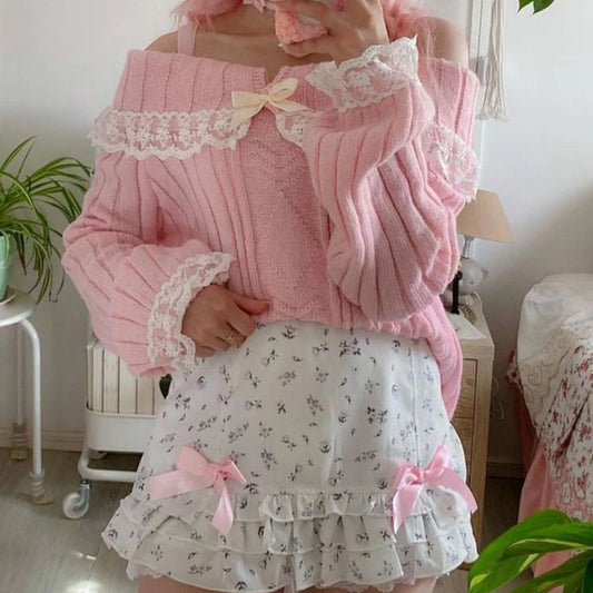 Suéter de cosplay Harajuku con hombros descubiertos, estilo kawaii, con ribete de encaje, estilo Y2K, estilo vintage, de manga larga