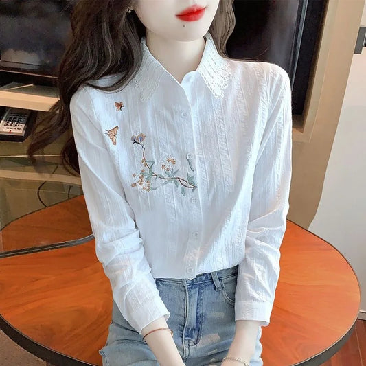 Blusas bordadas para mujer, primavera y otoño, informales, de manga larga, con cuello vuelto, de color liso, DF4775