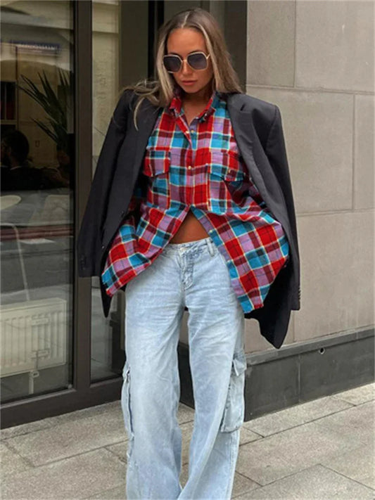Patchwork Vintage Loose Shirts Female Casual Patchwork Pocket Long Sleeve Contrast Autumn Outwear Women’s Shirts Tee