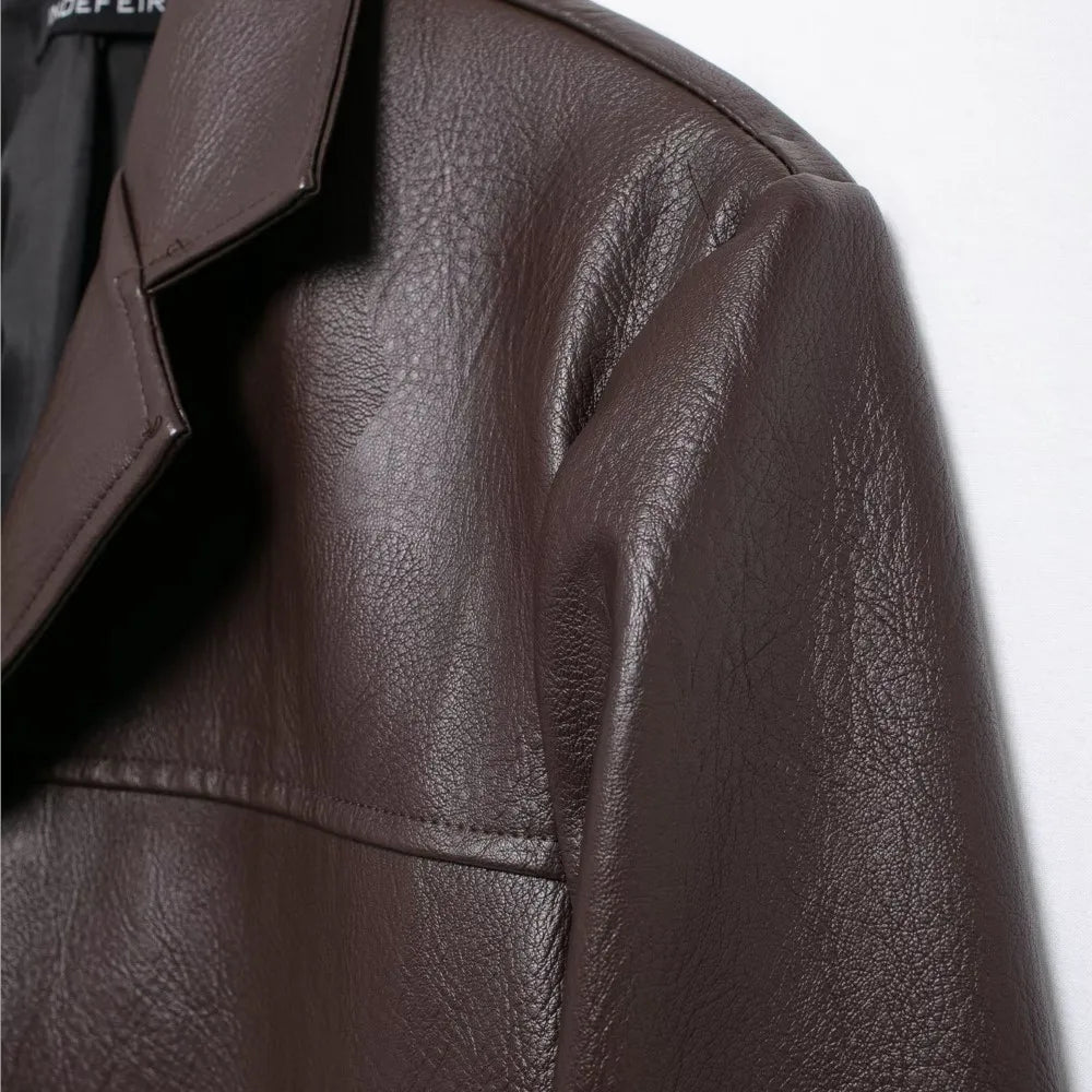 Blazer retro americano para mujer, de cuero sintético marrón y rojo, con cuello entallado, manga larga, estilo midi, holgado, de gran tamaño