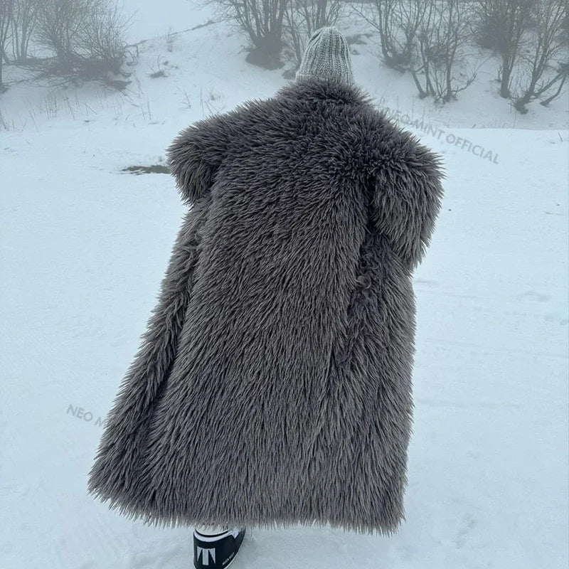 Abrigo de piel de cordero extra largo de lujo para mujer, abrigo de invierno estilo Mob Wife, chaqueta de piel sintética gruesa de gran tamaño