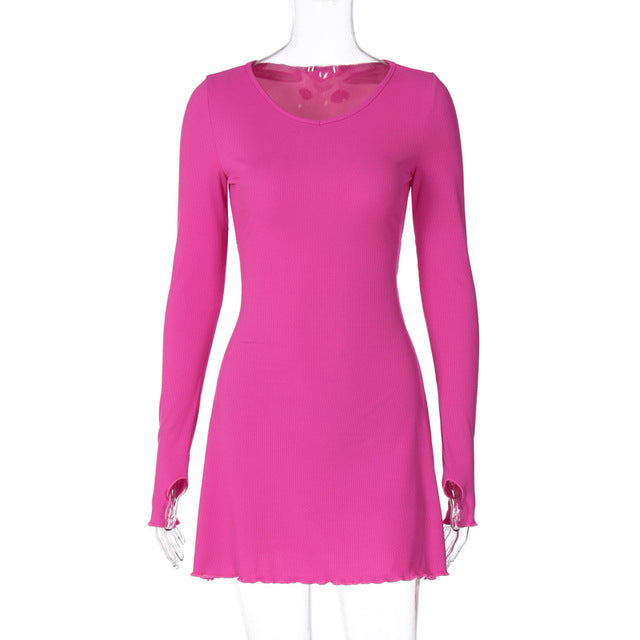 Vestido mini sexy de manga larga acanalado para mujer, otoño invierno, nuevo, cuello redondo, vendaje con cordones, vestido elegante de moda, vestidos