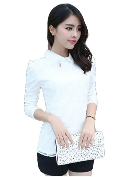 Blusas de encaje estilo primavera otoño para mujer, camisas, cuello Peter Pan, manga larga, con cuentas, blusas informales, top DF1758