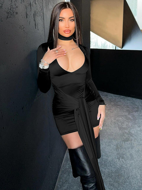 Irregular Sexy Mini Dress For Women Low Cut Long Sleeve Ruched Bodycon Dress Femme Elegant Club Party Sexy Dress New