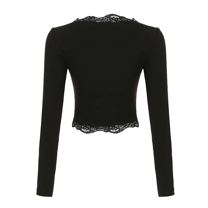 Tops de mujer con cuello en V y lazo de terciopelo con encaje empalmado, manga larga, corte entallado, sexy, moda de otoño, nueva ropa