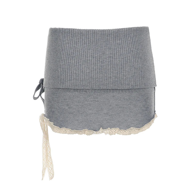 Simple Casual Solid Lace Trim Bow Women¡¯s Mini Short Knitted Fashion All-Match Sweet Cute Short
