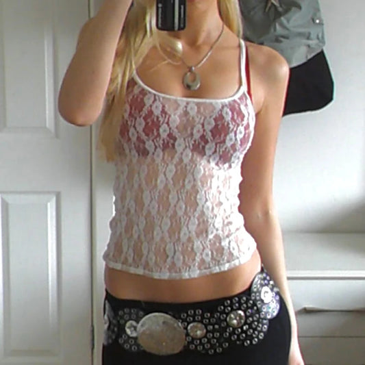 Camisola transparente de malla con encaje floral, estilo vintage de los años 90 con tirantes finos, sin mangas, estilo Y2K, con espalda descubierta