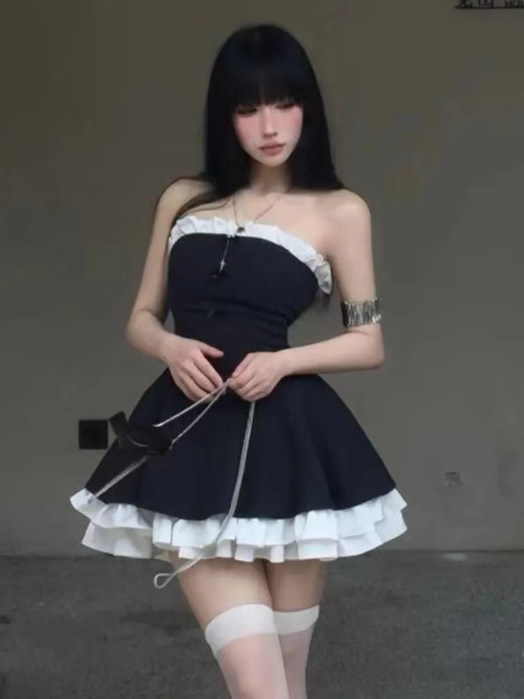 Vestido de fiesta de cumpleaños Y2K sin tirantes con retazos y volantes, corte A, corto, para mujer, vestido de baile francés de una pieza