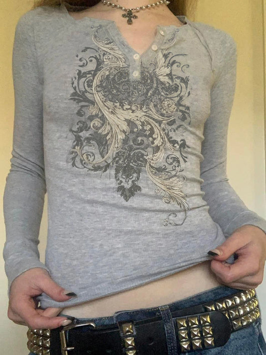 Blusa de mujer con cuello en V y botones con estampado de flores retro, manga larga, básica Y2k, combina con todo, ajustada, de moda, nueva