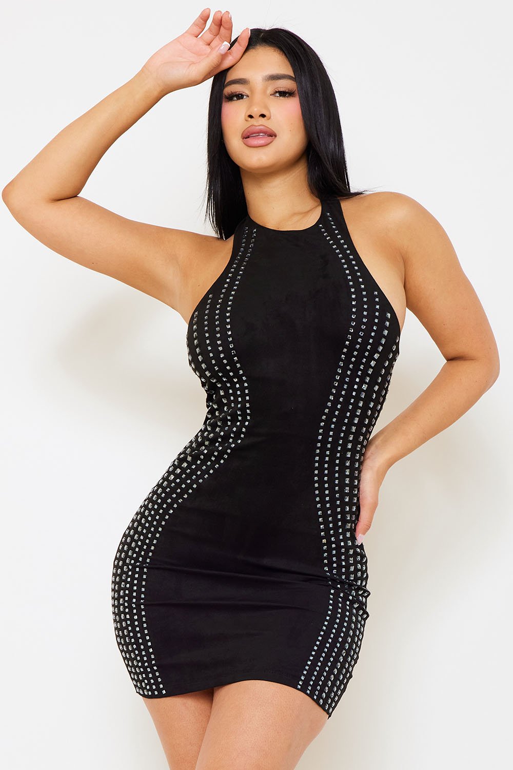 Symphony Dress - Multi Rhinestone Strap Suade Mini Dress