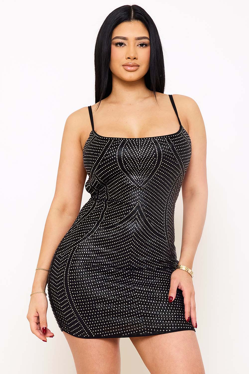 Symphony Dress - Rhinestone Patterned Slinky Foil Fabric Mini Dress
