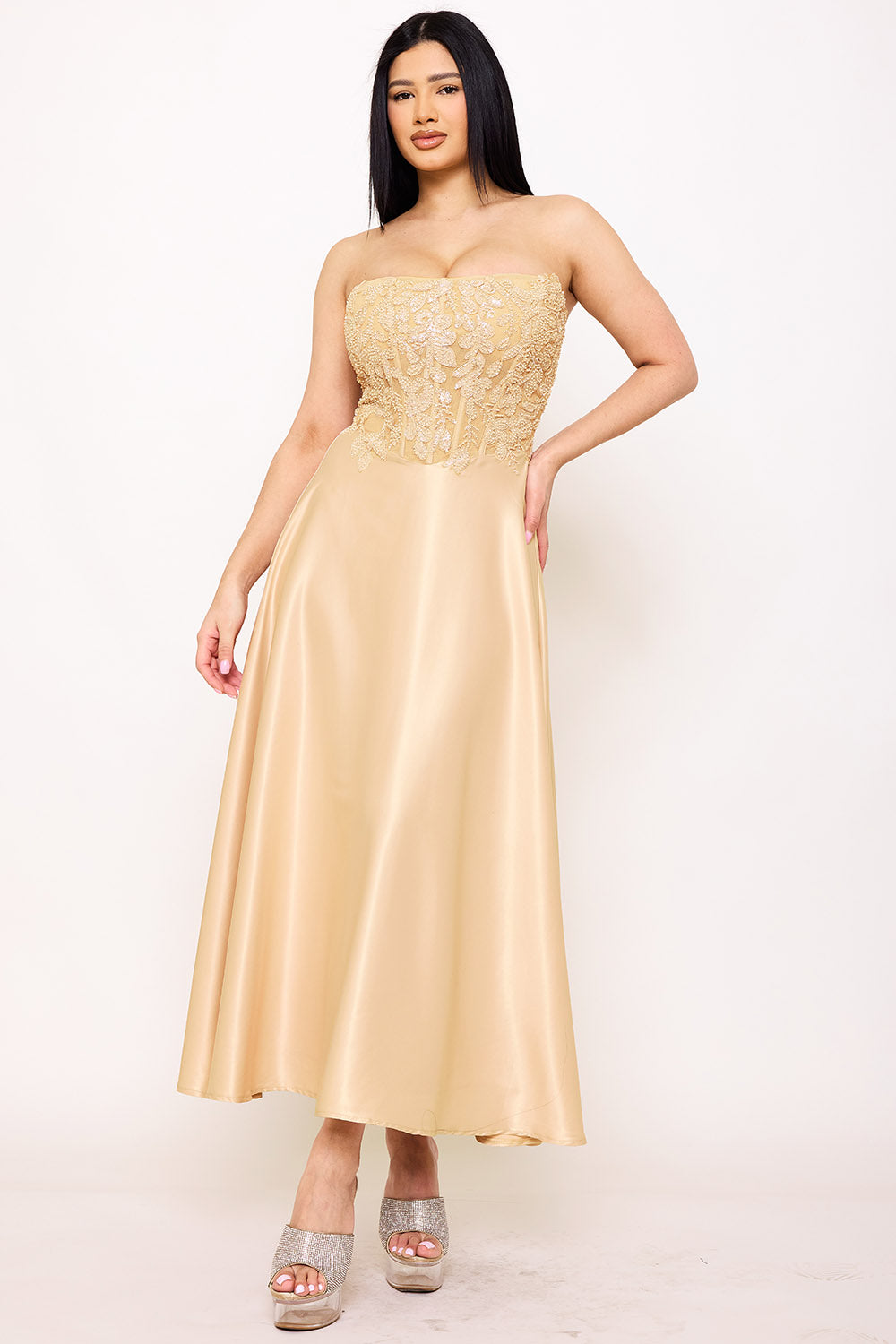 Symphony Dress - Lace And Dull Satin Paneled Maxi Dress
