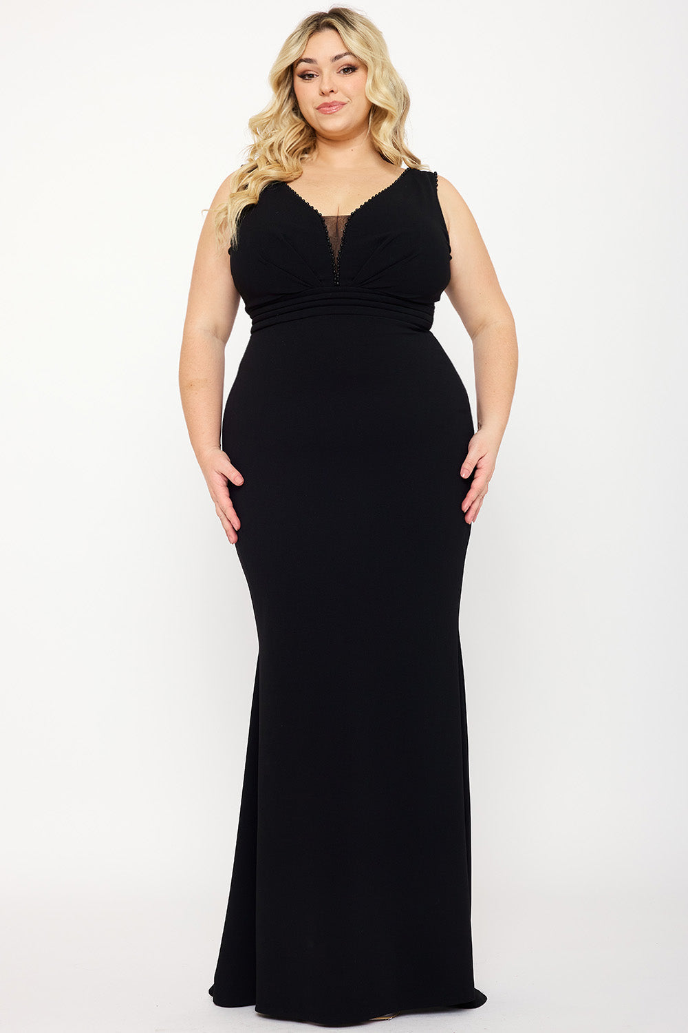 Symphony Dress - Mesh Detailed On Bust Pleated Plus Size Maxi Dress