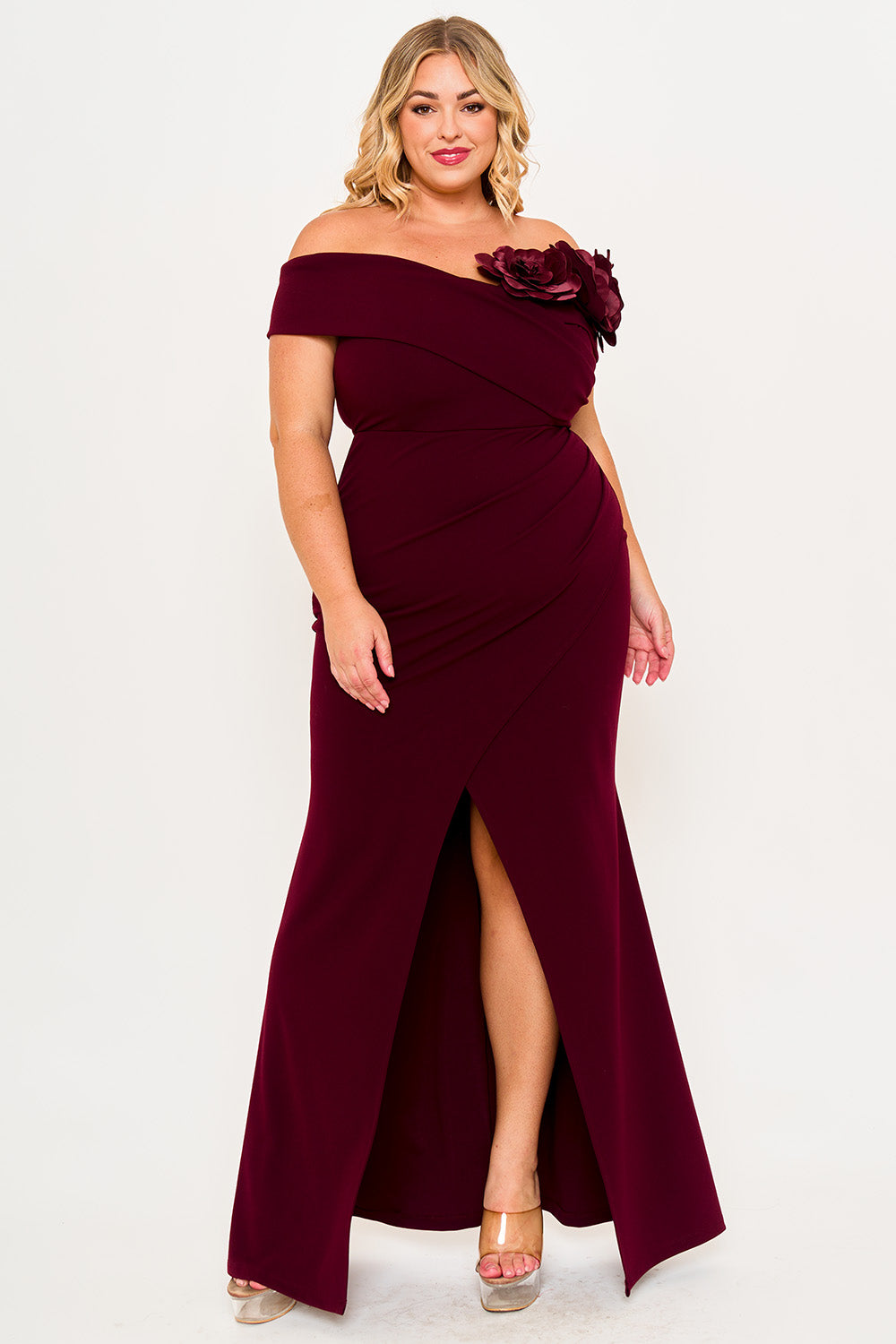 Symphony Dress - Flower Corsage On One Side Off The Shoulder Plus Size Maxi Dress