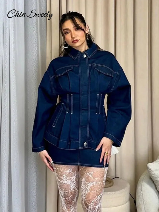 Street Women’s Denim Jacket Lapel Full Sleeves Zipper Dark Blue Cinched Waist Jeans Coats Female 2025 Spring Lady Y2K Outwear