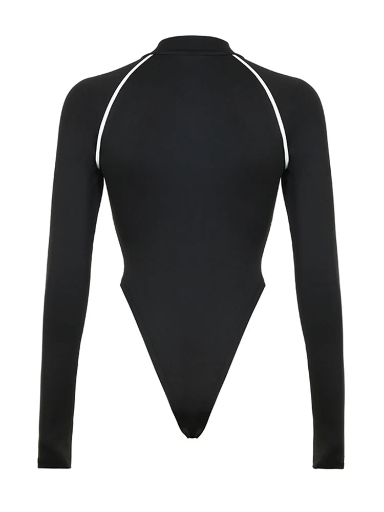 Body negro ajustado de manga larga con cuello alto para mujer, estampado de letras, estilo urbano, básico, para otoño e invierno