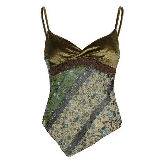 Mori Girl Style Patchwork Camis Top Y2K Aesthetic Vintage Green Sexy V Neck Tank Top Summer Asymmetry Lace-up Vest