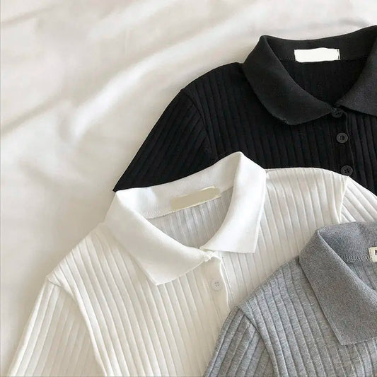 Camisa corta de cuello polo de punto para mujer, blusa básica juvenil de manga corta de color liso para verano