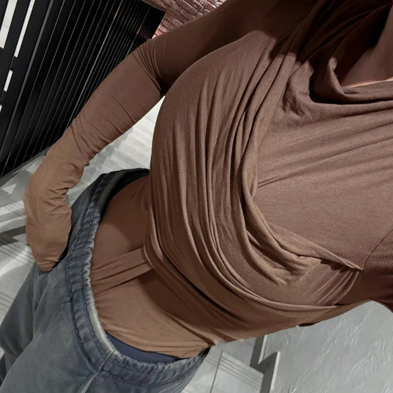 Body marrón con pliegues irregulares para mujer, elegante y chic, de manga larga, ajustado, con cuello redondo, ropa de club sexy para otoño