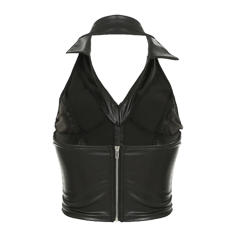 Tops cortos de cuero ajustados y sexys de Gyaru para mujer, con cuello vuelto y cuello halter, diseño moderno sin espalda.