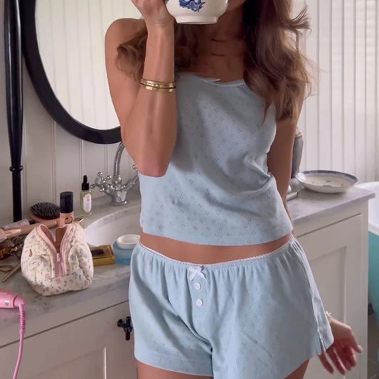 Conjunto de pijama cómodo de 2 piezas Fairycore, estilo retro kawaii de los años 00, con lazo, sin mangas, top corto y pantalones cortos, ropa de dormir Y2K para mujer