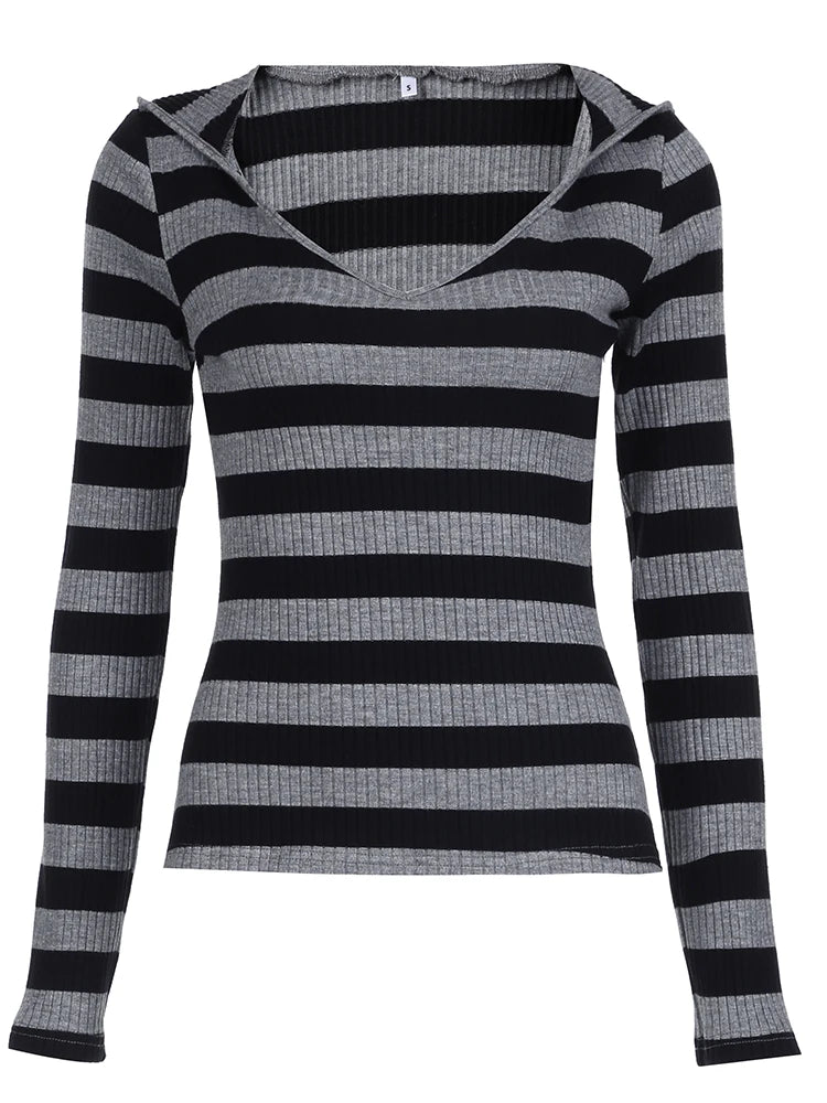 Camiseta con capucha de rayas negras y gris oscuro para mujer, cuello en V, manga larga, básica, ajustada, para primavera y otoño, top acanalado, camiseta urbana preppy