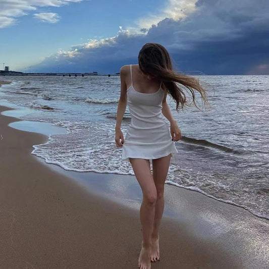 Basic Dress for Women White Spaghetti Strap Sleeveless A Line Mini Dresses y2k Clothes 2000s Aesthetic Dress Beach Wear