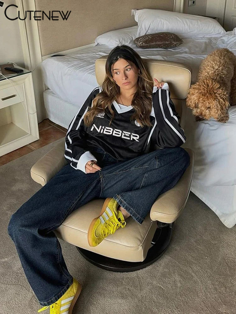 Sudadera informal con paneles y estampado de letras para mujer, con solapa y rayas, de gran tamaño, básica, para otoño