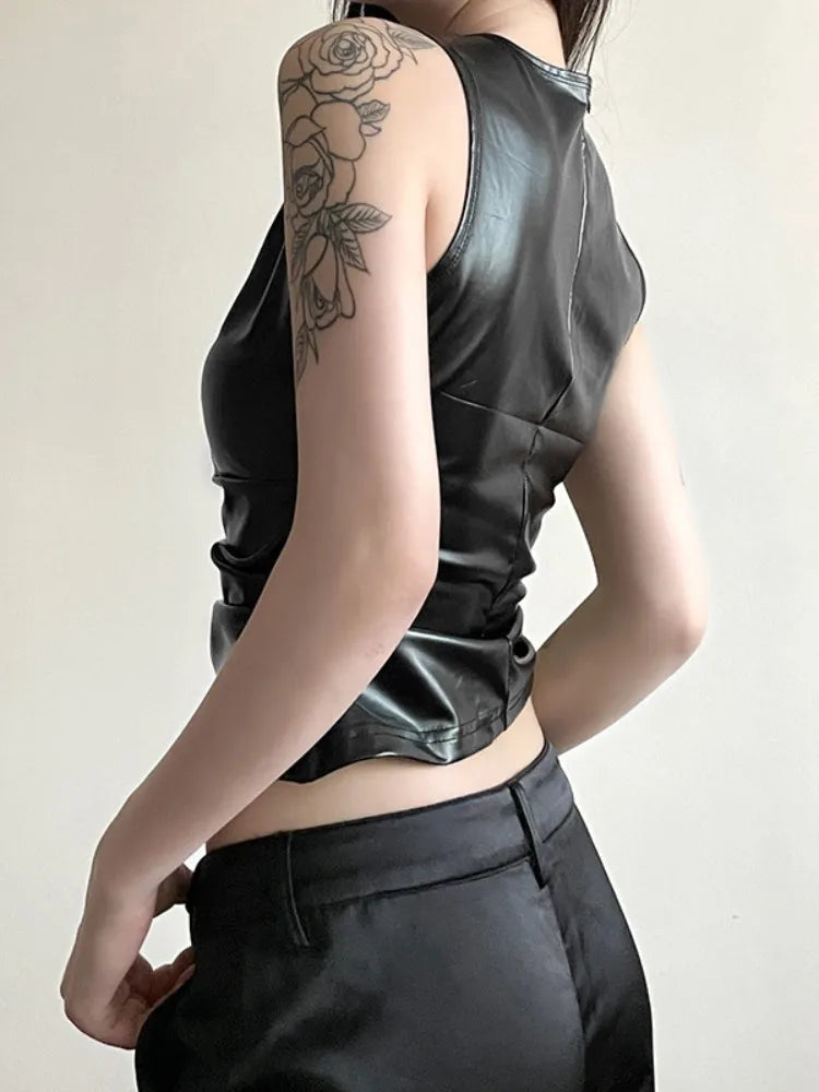 Top corto negro con pliegues para mujer, ropa de calle de moda, estilo jersey, ajustado, sin mangas, con cuello redondo, estilo femenino