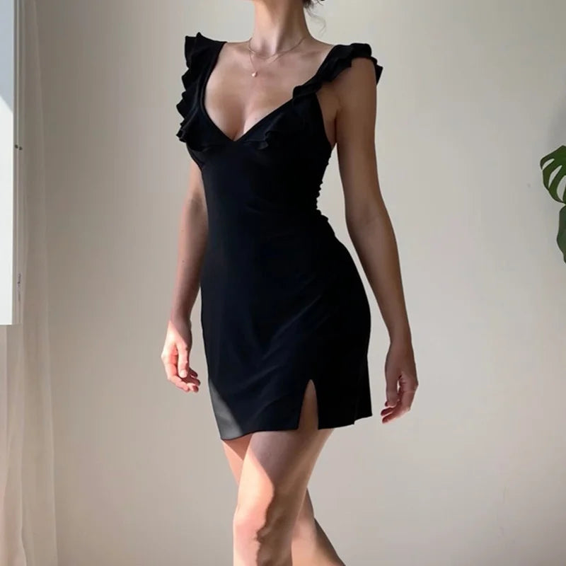 Vestido de verano Y2K para mujer, color liso, con volantes, escote en V profundo, lazo, dobladillo con abertura, minivestido ajustado, años 2000, vestidos de fiesta para salir