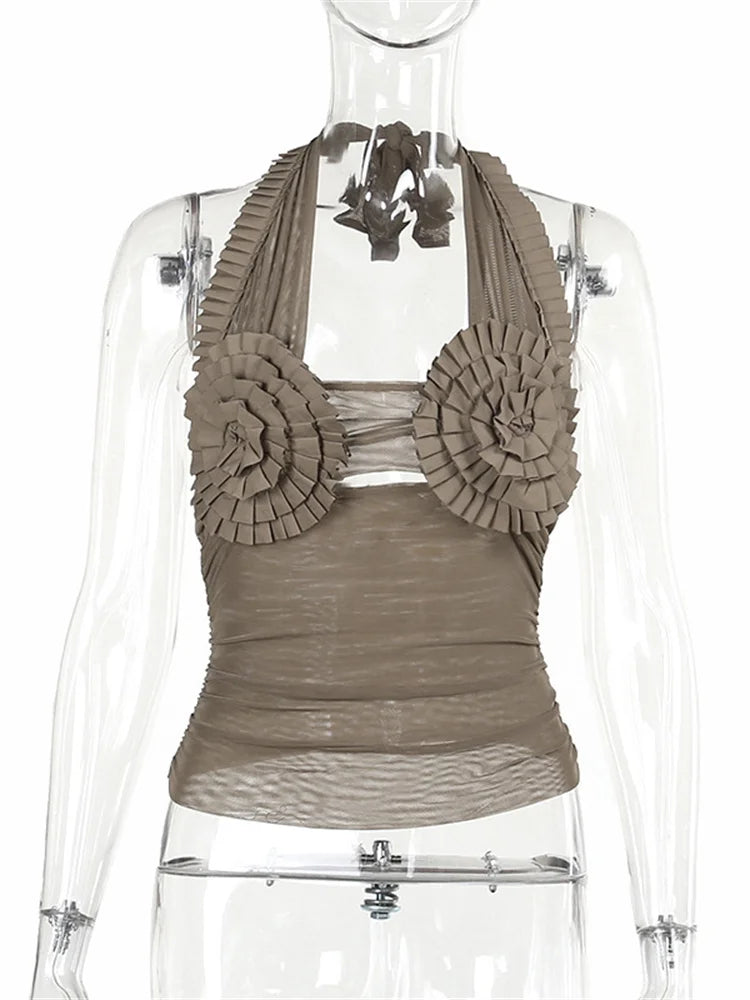 Fashion Patchwork Backless Tank Top For Women Lace-Up Sleeveless See-Through Mesh Hollow Out Pleated Y2k Top Vest Summer
