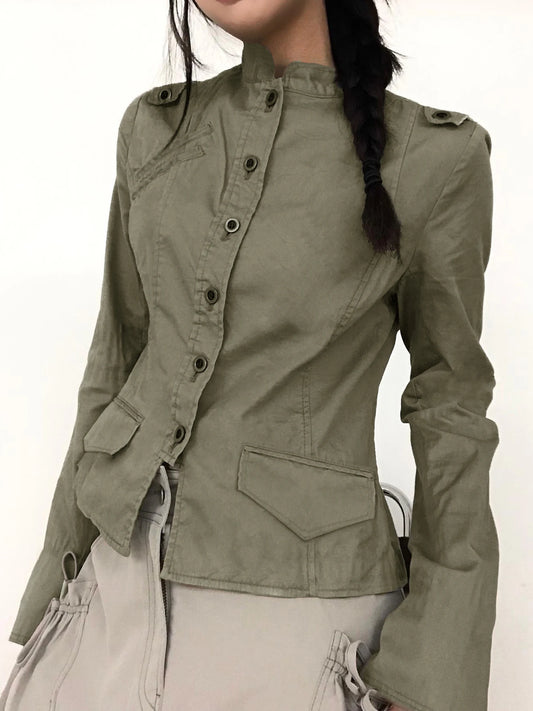 Chaquetas cargo ajustadas verdes retro para mujer, con botones, cuello alto, manga larga, moda coreana, otoño