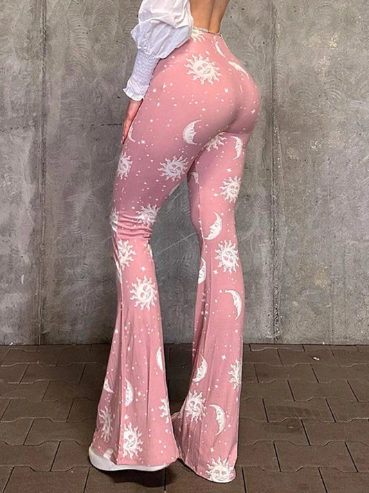 Pantalones rosas de moda de verano para mujer, pantalones casuales ajustados con estampado largo, acampanados, ropa de calle para mujer, pantalones abstractos de patchwork de tiro bajo Y2k