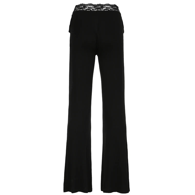 Pantalones acampanados de cintura alta con ribete de encaje sólido Hotsweet Y2k para mujer, pantalones básicos de moda casuales de moda